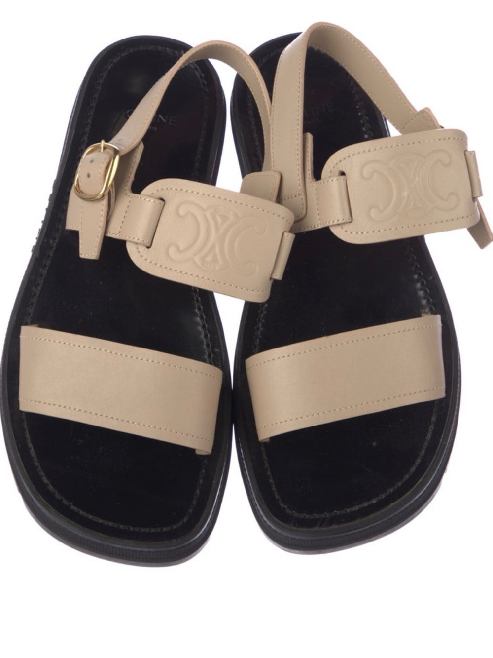 Celine Beige Leather Slingback Sandals with Black Footbed